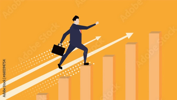 Fototapeta 目標に向かって上昇しているグラフの上を駆け上がっているビジネスマン（黄色）　Businessman running up on a graph rising toward a goal (yellow)