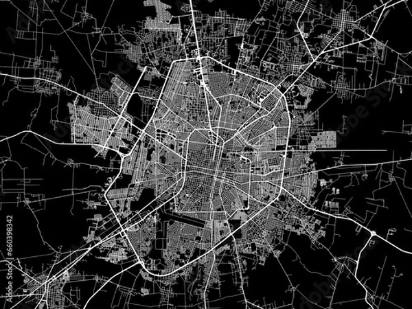 Fototapeta Vector road map of the city of  Merida in Mexico with white roads on a black background.