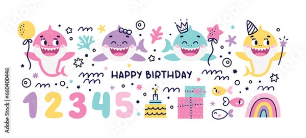 Fototapeta Set of Baby Shark Birthday cute vector marine colorful illustrations with number one, two, three, four, five, fish, wave, algae, star, bubble, rainbow, gift, cake for girl