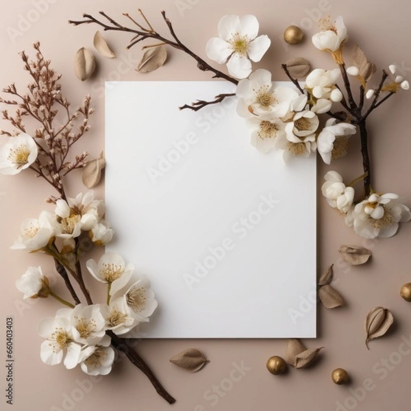 Fototapeta Autumn background with dried flowers, leaves and blank sheet of paper