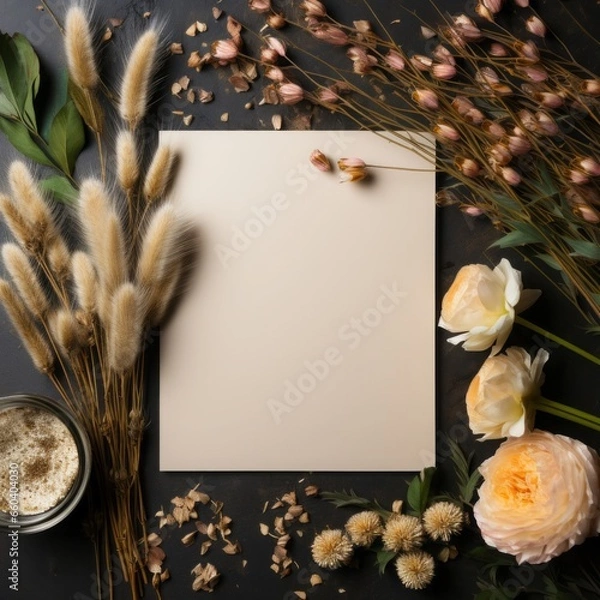 Fototapeta Autumn background with dried flowers, leaves and blank sheet of paper