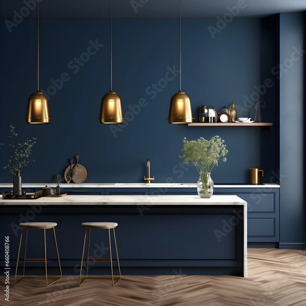 Fototapeta modern kitchen interior navy blue background