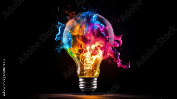 Obraz A creative light bulb exploding with colorful paint and splashes on a black background. Concept for thinking differently and creative ideas.