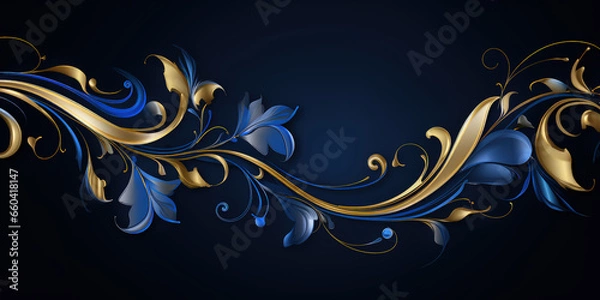 Fototapeta Royal Blue Satin Adorned with Golden Scrolls - Opulent 3D Banner with an Enchanting Gleam