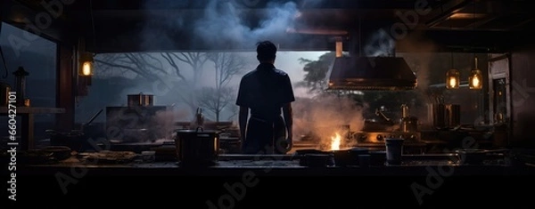 Fototapeta A man cooking in a kitchen