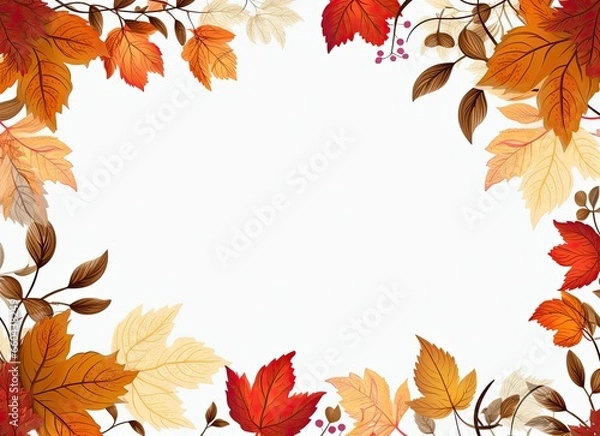 Fototapeta Autumn photo frame on a white background with yellow, orange, and red leaves, perfect for adding text. Generative AI