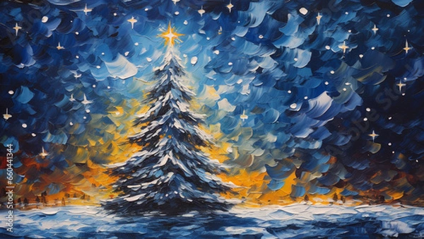 Fototapeta Christmas tree decorated with lights on a snowy field painted in oil