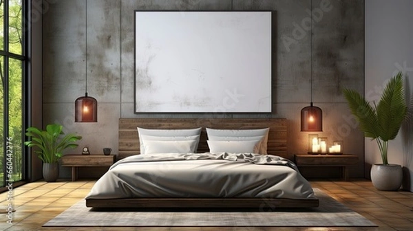 Fototapeta Sample frame set against a comfortable taupe bedroom backdrop.