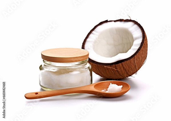 Obraz Glass jar with organic vegan coconut oil and spoon on white background.Macro.AI Generative