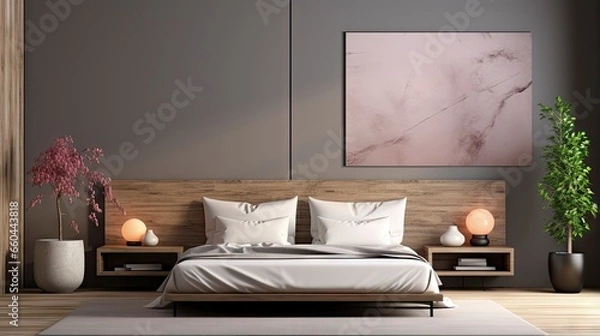 Fototapeta Sample frame set against a comfortable taupe bedroom backdrop.