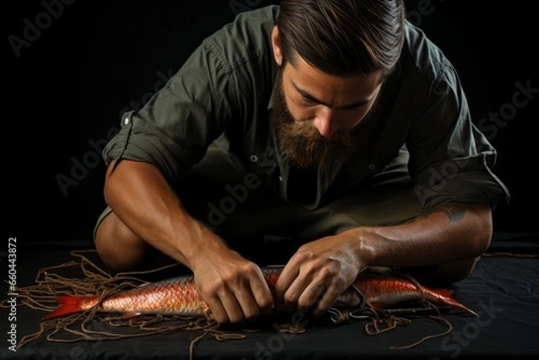 Fototapeta Fisherman's hands tying a fishing knot, showcasing the skill and precision required in fishing, Generative AI