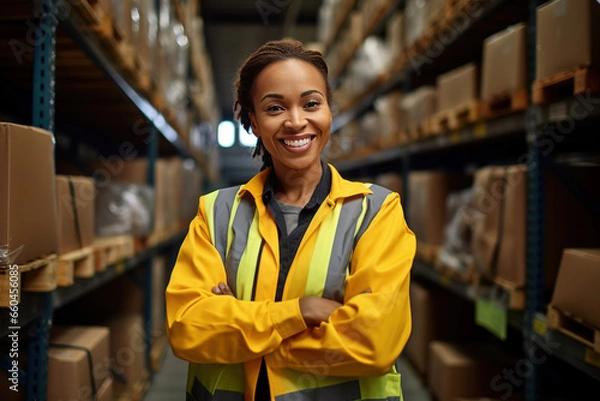 Fototapeta warehouse worker woman posing at work while smiling a the camera