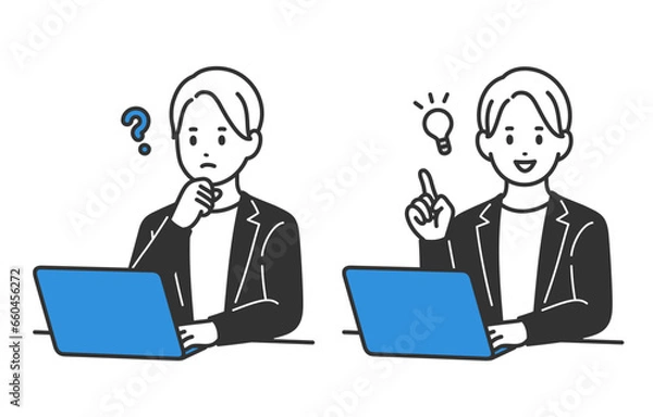 Fototapeta パソコンを見て疑問を持つ･ひらめきのポーズをするビジネスパーソン男性のセット【人物ベクターイラスト素材】