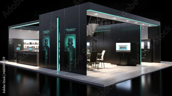 Fototapeta Visualisation vr project, futuristic Commercial stand in exhibition hall or large professional salon ready to receive brands and advertisements