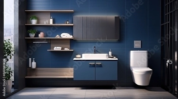 Fototapeta Interior of modern bathroom with blue tile walls, tiled floor, comfortable bathtub and sink with mirror
