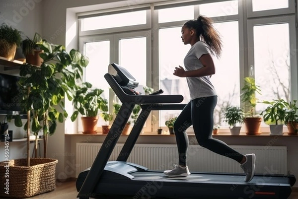 Obraz Plus size dark-skinned girl exercising on a treadmill at home in a Scandinavian interior