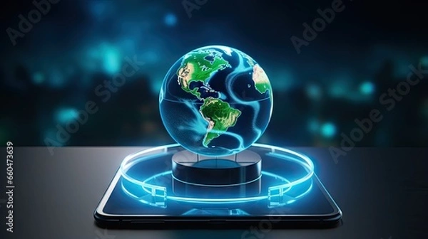 Fototapeta Virtual reality globe on phone screen showing interactive Earth hologram