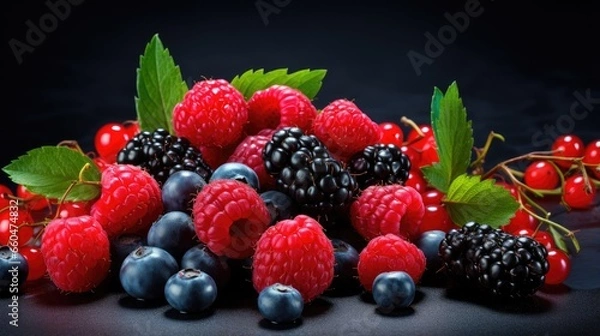 Fototapeta Various colorful berries closeup on dark studio background