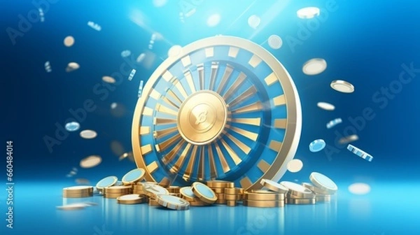 Obraz Vector 3d fortune wheel with golden flying coins on blue abstract background. Spin casino roulette and win prizes