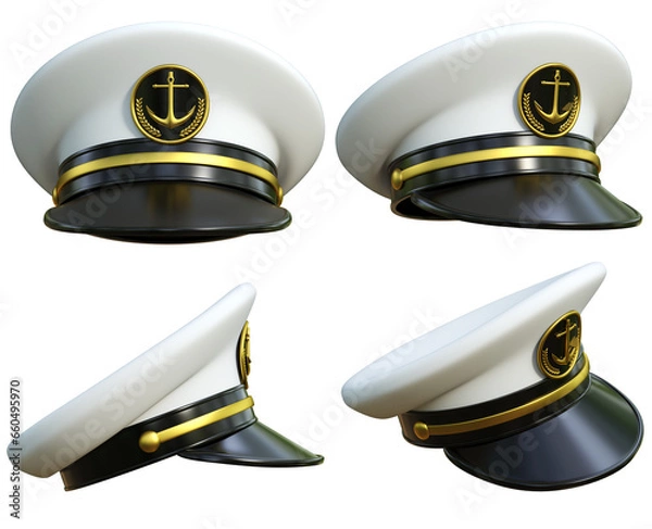 Obraz Navy cap set, ship officer, admiral, sailor, naval captain hat various views 3d rendering
