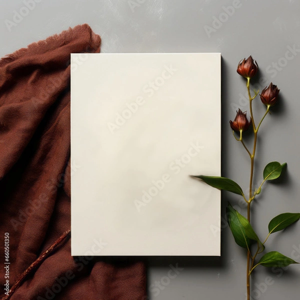 Fototapeta Invitation mockup, Autumn winter background with dried flowers, leaves and blank sheet of paper. Wedding stationery mock-up scene. Blank greeting cards, Feminine still life composition. Flat lay.