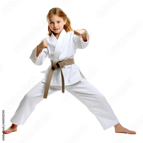 Fototapeta Smiling girl fighting stance dressed in a karate uniform isolated on white or transparent background. AI Generated.