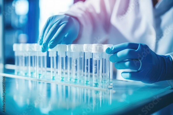 Fototapeta Medical Gloves Handling Test Tube Vials in Laboratory, Vaccine, Covid - Generative AI