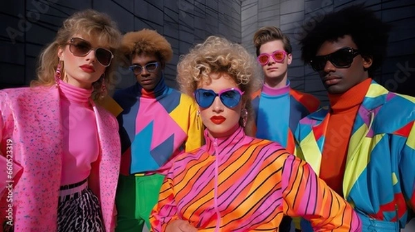 Fototapeta A group of individuals confidently showcasing the iconic new wave style from the 80s, complete with vibrant fashion and distinctive hairstyles. Generative AI.