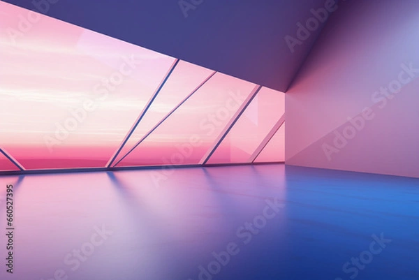 Obraz Perspective view on empty abstract room in purple and pink tones. Pastel colored walls and floor, shadow and light from panorama windows. Minimalistic studio, interior or show room concept.