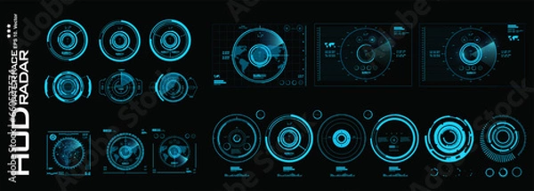 Fototapeta Big collection of air targets and radar and navigation devices. Devices for geolocation swarms and destroying objects on the map. Digital targets or HUD sights
