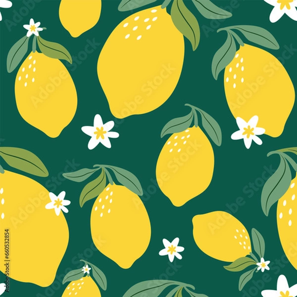 Fototapeta Lemons pattern on green background.