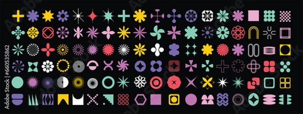 Obraz Geometryczny abstrakcyjny zestaw kształtów kwiatów, Zestaw ikon wektorowych gwiazd, Funky Retro Brutal Minimal Art. Prosta kolekcja elementów Memphis Y2K, płaski szablon Bauhaus. Abstrakcyjne formy kwiatów