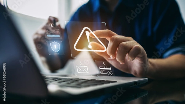 Fototapeta Koncepcja cyberprzestępczości i bezpieczeństwa cybernetycznego. Udaj się za pomocą laptopa i pokaż złośliwe oprogramowanie z e -mailem phishingowym, hakiem hasłem i danymi osobowymi. Hakerzy, trojany wirusowe, oprogramowanie szpiegujące lub złośliwe oprogramowanie.