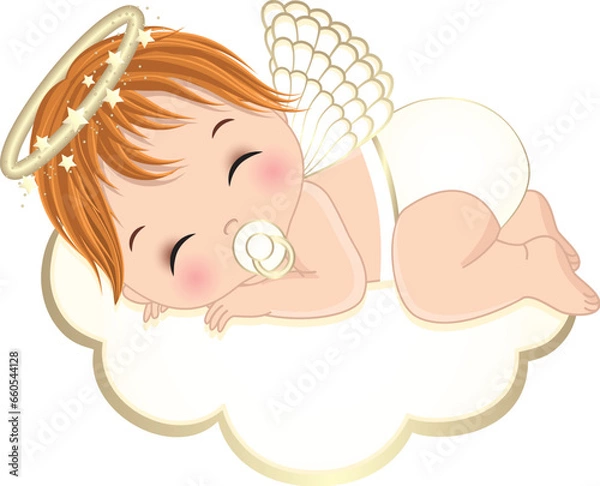 Obraz Vector Cute Angel Boy in White Diaper Sleeping on the Cloud