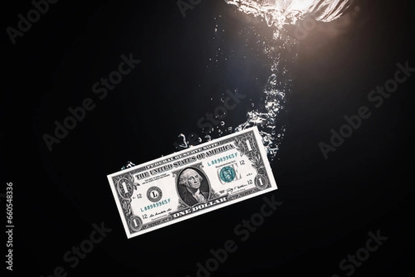 Obraz Global financiall crisis concept. Dramatic image of US Dollar sinking in water. Close up money sinking in water as symbol of global economic and financial crisis and recession.