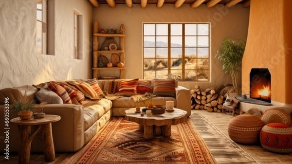 Fototapeta Anglo-Saxon, Southwest Fusion Living Room depicted in visual format using AI technology.