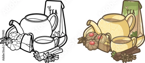 Obraz vector illustration Tea time with biscuits, green tea, cinnamon rolls - Illustration for kids books, recipes,  gift card, menu - Kawaii style dessert and cake, restaurant, cafe shop