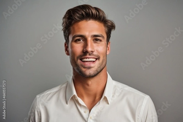 Fototapeta a photo of a handsome young male smiling dealer on a solid grey background. Generative Ai.