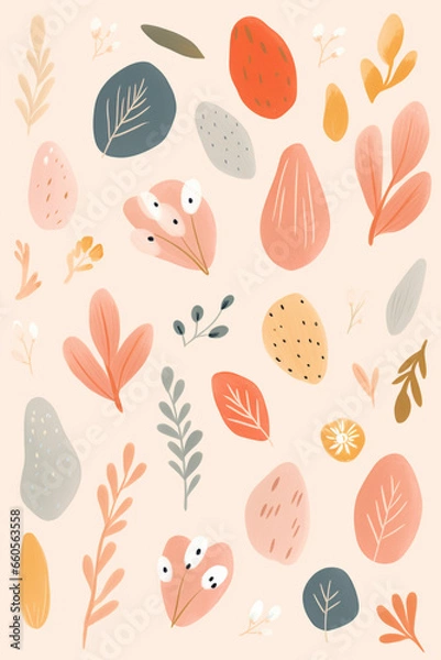 Fototapeta A painting of leaves and flowers on a white background,  Generative AI