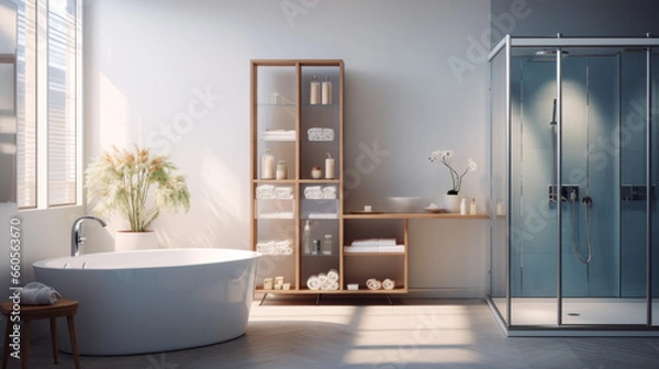 Fototapeta Bathroom with a freestanding tub and a glass-tiled shower and an illuminated vanity