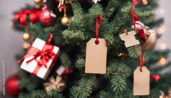 Obraz A beautifully decorated Christmas tree with empty gift tags hanging nearby, ready for personalized names and message
