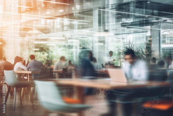 Obraz Blurry busy office scene showcasing a blend of traditional and remote working dynamics - Modern Office - AI Generated