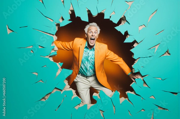 Fototapeta A funny elderly man in a orange suit with a silly face bursting through a blue paper wall. In the style of comical surprises