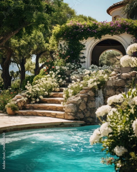 Obraz Swimming pool at home in a warm Mediterranean climate , outdoor pool with scattered shrubs and flowers around it