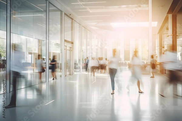 Fototapeta abstract motion blur image of business people crowd walking at corporate office building in city downtown, company office, blurred background, business center concept, Generative AI