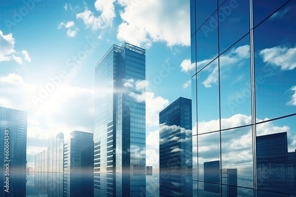 Obraz Reflective Skyscrapers And Office Buildings, Their Glass Facades Reflecting The Blue Sky And White Clouds