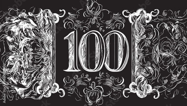 Obraz "100" text in black and white with mystical patterns. Vector illustration for the 100th anniversary celebration.
