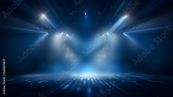 Fototapeta . Dark blue stage with spotlights lights and smoke. Illuminated stage.