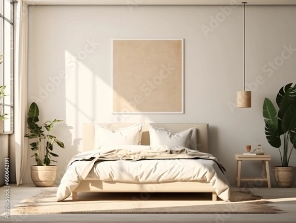 Fototapeta Minimalist Beige Bed Room Interior Design with Blank White Picture Frame Mockup