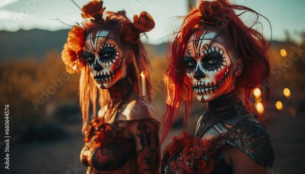 Fototapeta Female sugar skulls and flames in the desert  - Day of the Dead (Día de Muertos)